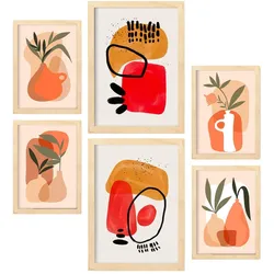 POSTER Set Mit 6 Stoned Vasen In Blume Zusammenfassung A3 & A4 Rahmen Aus Hellem Holz