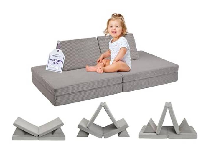 Traumnacht Abenteuer Kindersofa Cord Steingrau 81,5x81,5x12 cm kuscheliger Bezug waschbar hochwertiges Kordgewebe deutscher Qualitätsstandard