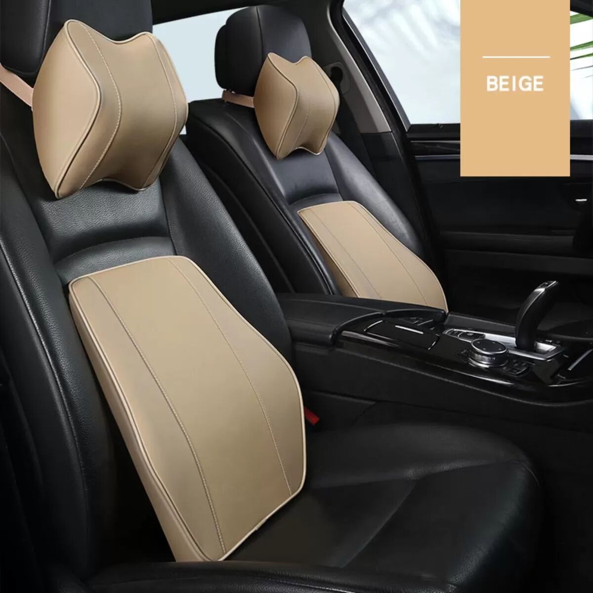 INF Auto Leder Kopfstütze und Lendenwirbelstütze Set - Ergonomischer Memory-Schaum für komfortables Fahren Beige