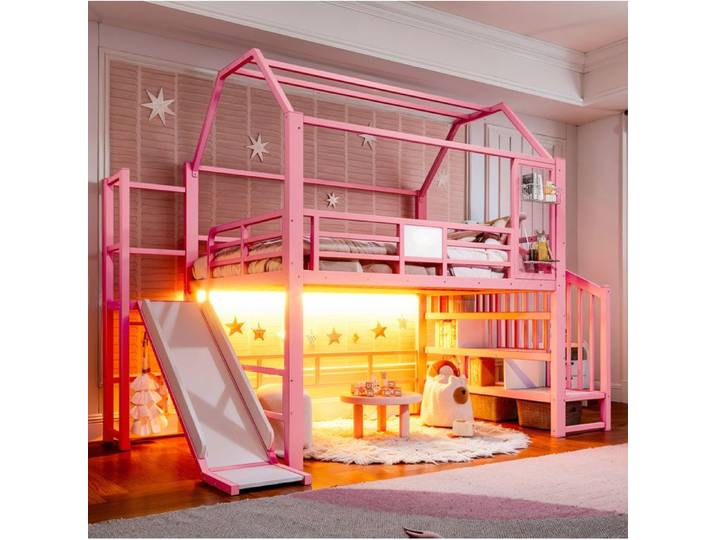 Lit Mezzanine Enfant Rose 140x200 Lit Cabane Metal FloraGrace Pour Chambre Enfant Avec Toboggan Et LED 300x162 6x200cm