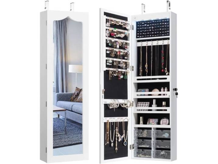 Armoire à Bijoux Murale avec Miroir - RELAX4LIFE - 5 Lumières Automatiques - 3 Hauteurs Réglables - 6 Tiroirs en Acrylique - Blanc