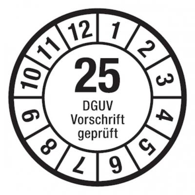 König Werbeanlagen Jahresprüfplaketten ab 26, DGUV Vorschrift geprüft, Jahresfarben, Ø 35mm - Bogen = 10 Plaketten - 35 mm Dokumentenfolie selbstklebend