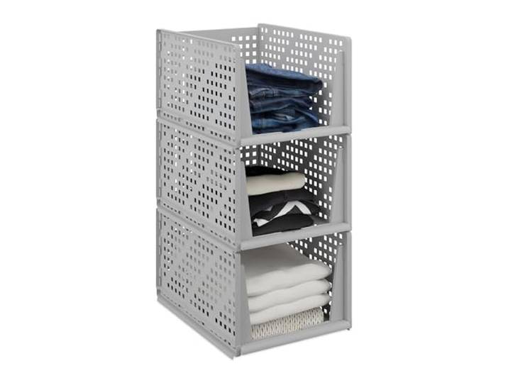 Relaxdays Schrank Organizer 3er Set, Kunststoff, Stecksystem, Bad, grau stapelbare Kleiderschrank Aufbewahrungsboxen, 24,5x33,5x43,5 cm, ausziehbar