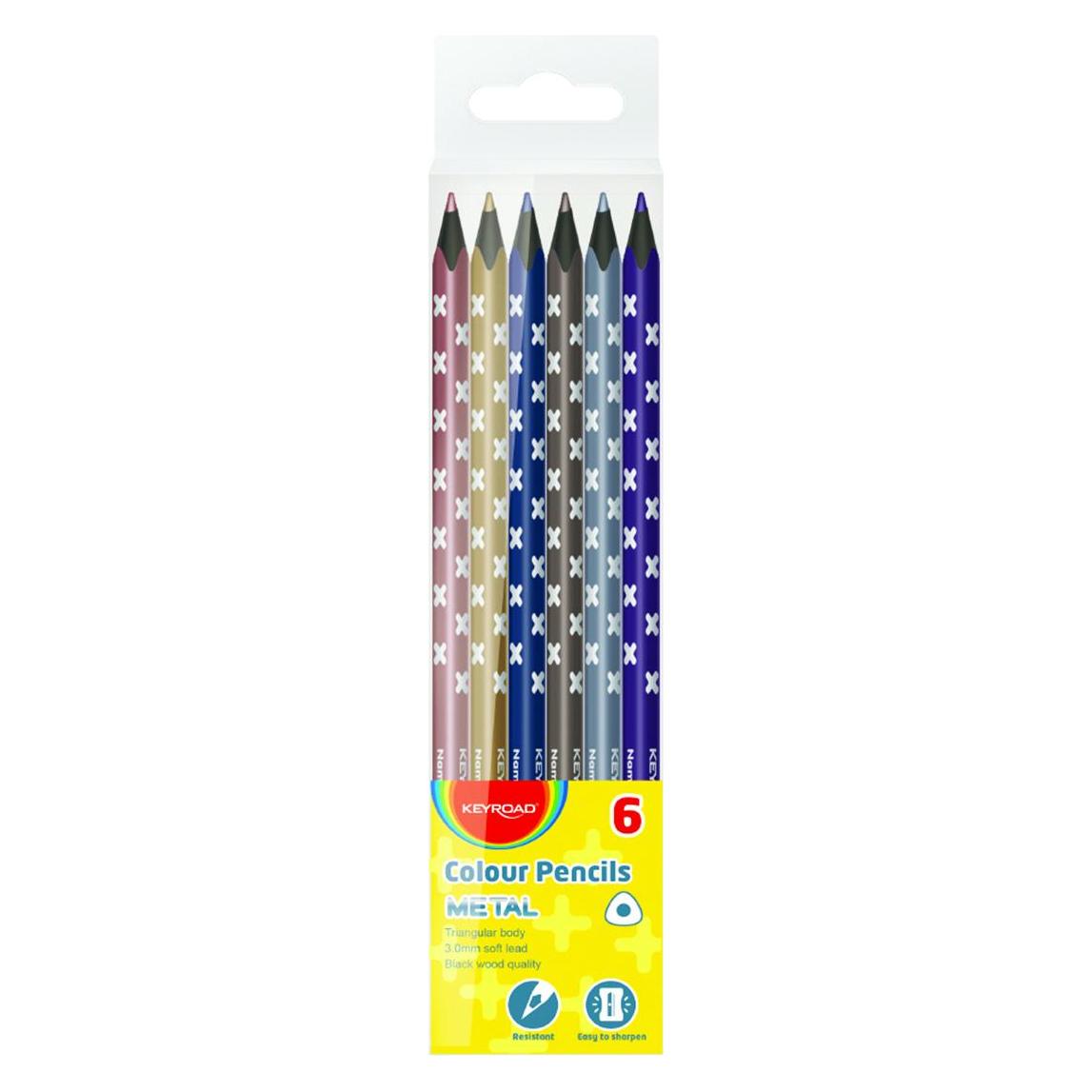 Keyroad Bleistifte, dreieckig, schwarzes holz, metallic, 6 stk., anhänger, farbmischung (6x) (KR971869)