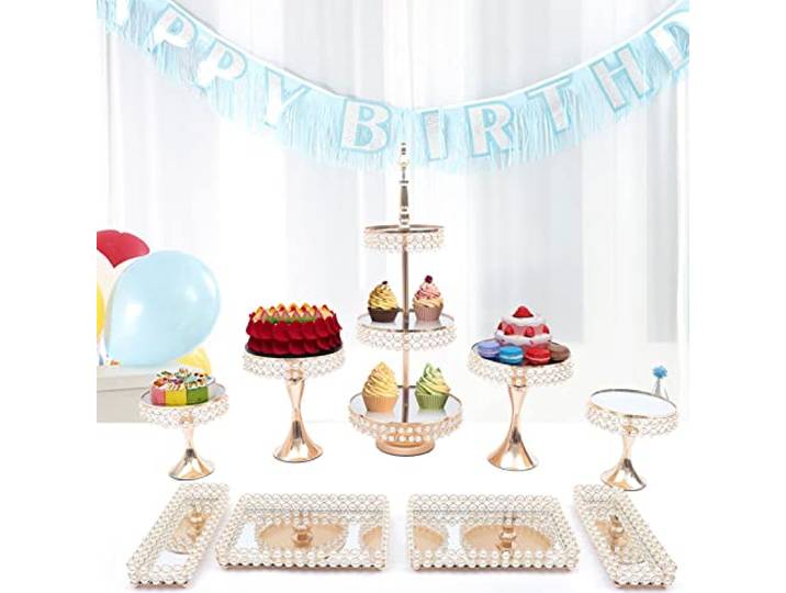 Bazargame Tortenplatte Gold 3 Etagen Runde 9 Stück Tortenständer Set Kristall Hochzeitstorte Tablet Party Kuchenplatte Vintage Cupcake Ständer