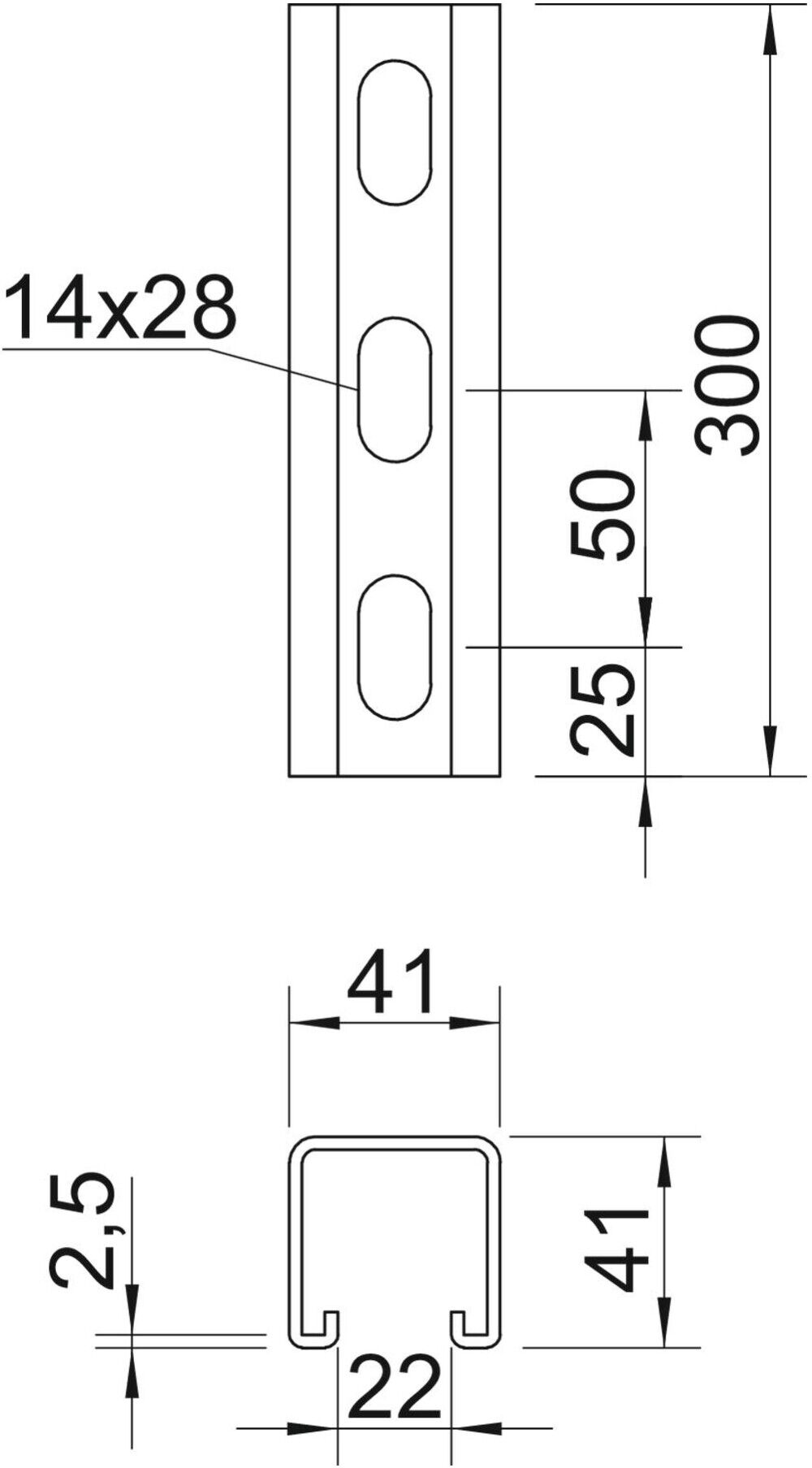 OBO Bettermann MS4141PP0300FT Profilschiene mit Seitenlochung aus Stahlblech verzinkt, 1122500)