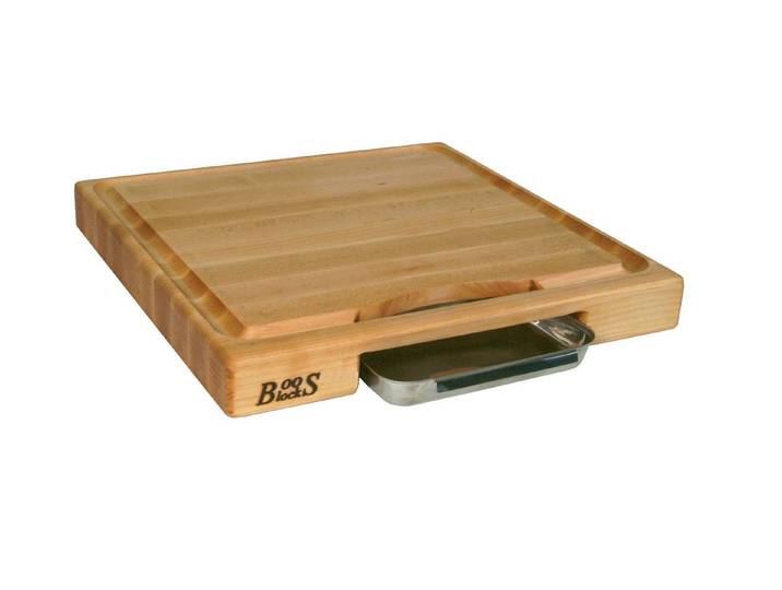 Boos Blocks Schneidebrett Prep Masters, AhornHolz, 46x46x6 cm mit Saftrille & Edelstahlschale - Ahornholz