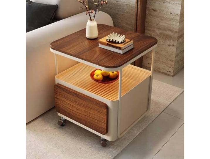 2-Ebenen Beistelltisch mit Steinplatte, Schubladen und Metallgestell Kompakter Beistelltisch Couch mit offenem Stauraum und Schubladen für Sofa, Schlafzimmer und kleine Räume