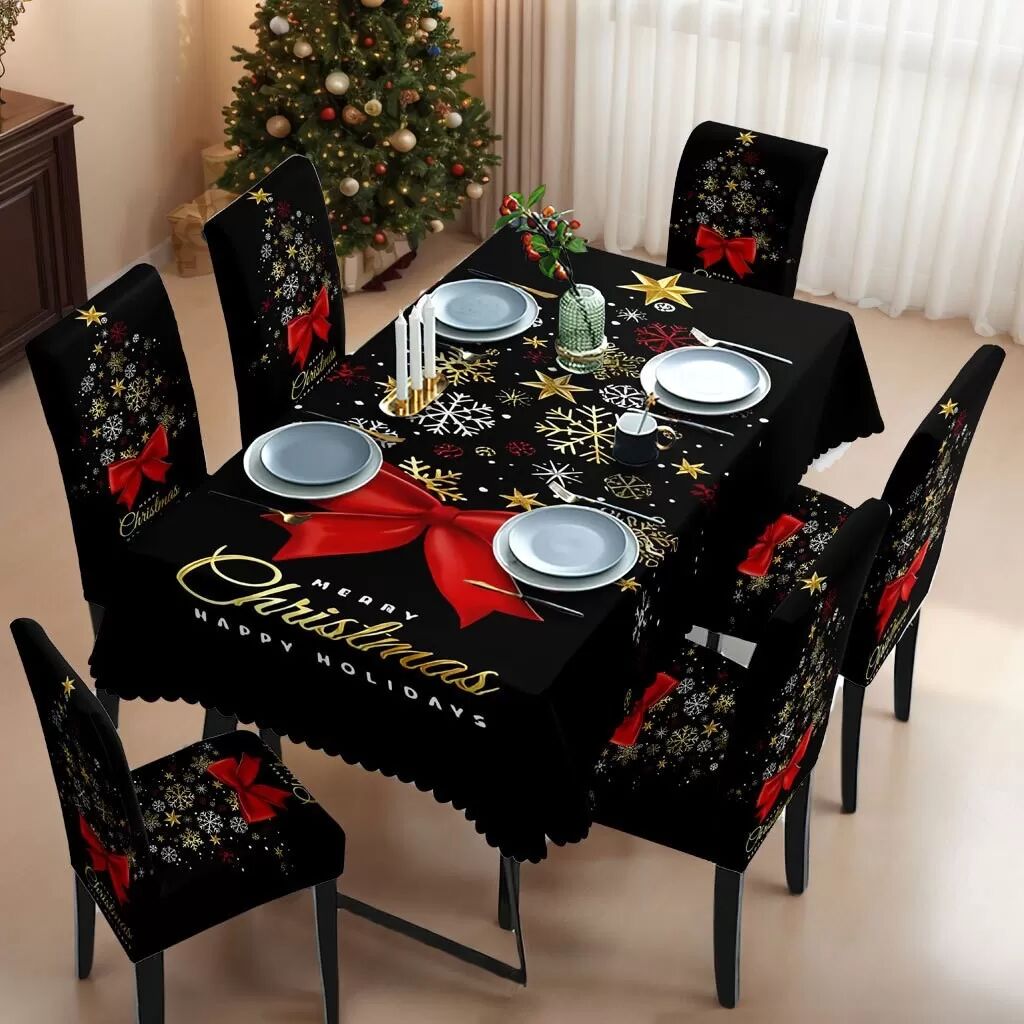 INF Weihnachts-Tischdecke und Stuhlhussen Set - Schneeflocken Design, wasserfestes Polyester, 7-teilig