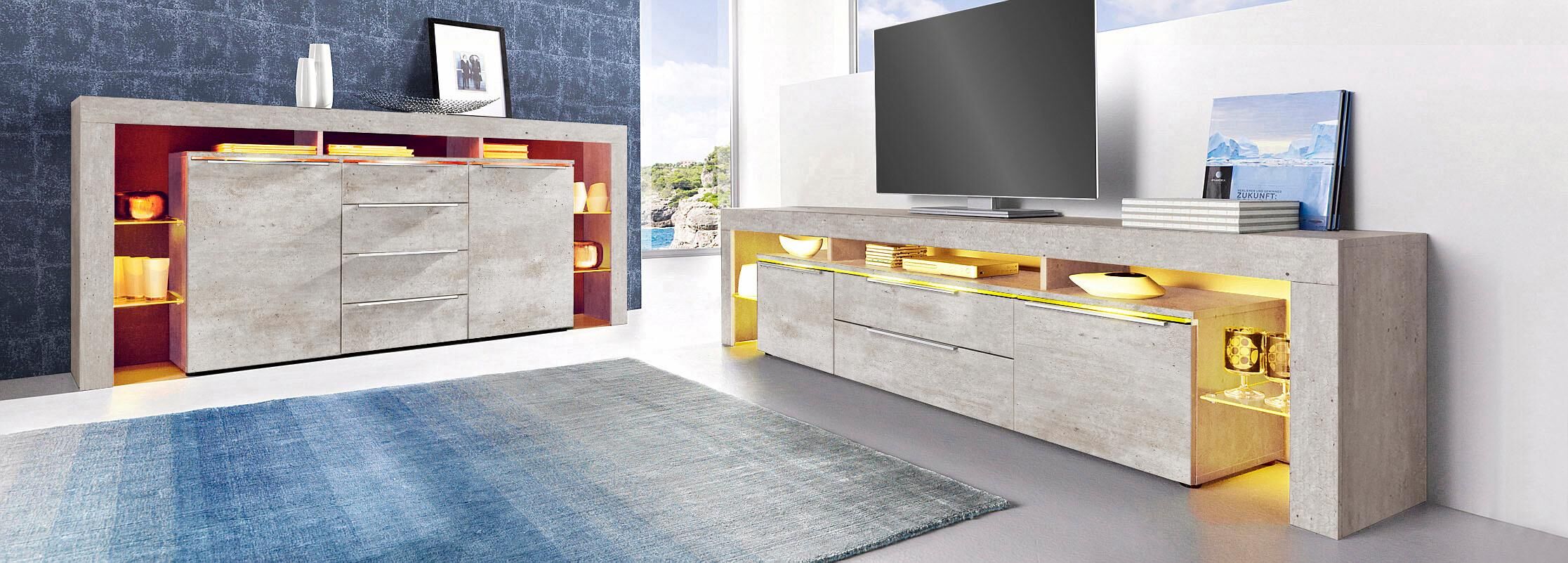 Lowboard BORCHARDT MÖBEL "Lima", grau (beton), Sideboards, Lowboard, Breite 220 cm beton Einheitsgröße