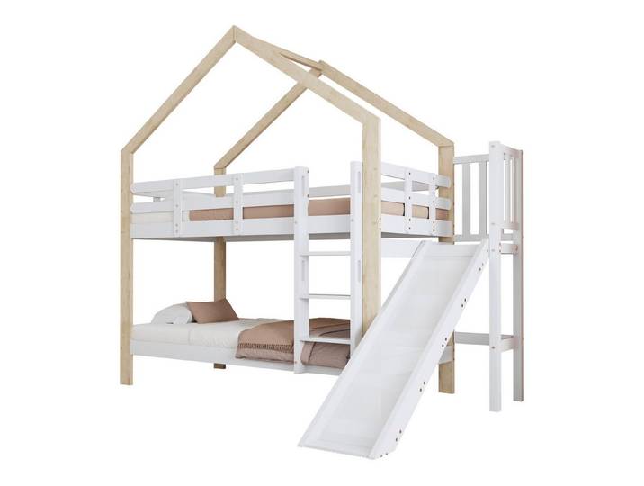 REDOM Etagenbett Holzbett Hausbett Kinderbett, mit Absturzsicherung 90x200 cm (Etagenbett mit Rutsche und Dreistufiger Leiter – Hausbett mit Absturzsicherung, Platzsparend für Kinderzimmer)