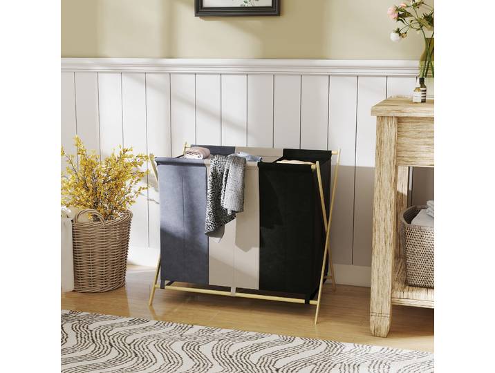 HOMCOM Panier à Linge 3 Compartiments 129L Bambou Multicolore