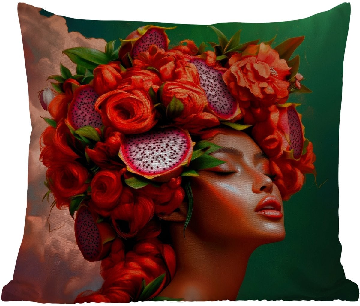 PillowMonkey Weerbestendig Sierkussen Buiten Vrouw Drankenfruit Rozen 60x60 cm