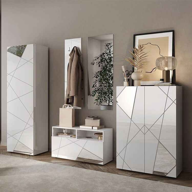 garneroarredamenti Mobile multiuso ingresso 78x116h cm scarpiera bianco lucido specchio Olimpo
