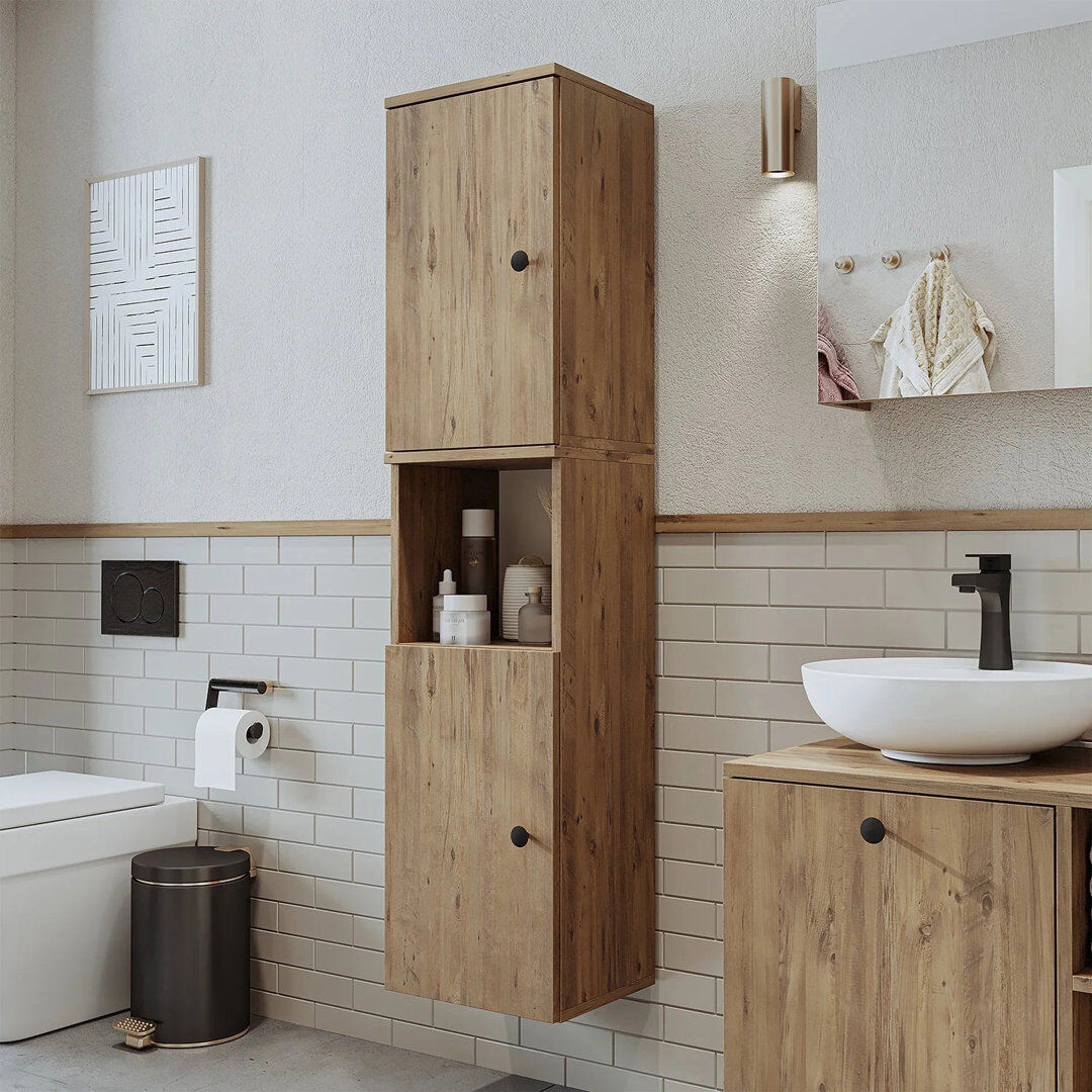 Latitude Run Lotus Tall Bathroom Towel Storage Cabinet, 150cm Oak 150cm H X 35cm W X 30cm D