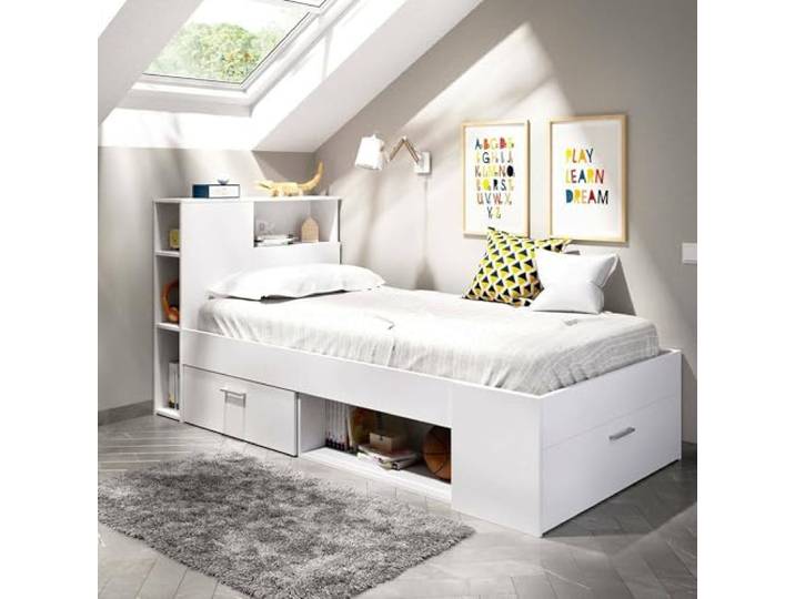 Dmora - Kristall-Kinderbett, Bett für Schlafzimmer mit Kopfteil, Einzelbettgestell mit Schublade und Regalen, 218 x 99 x 96 cm, Weiß