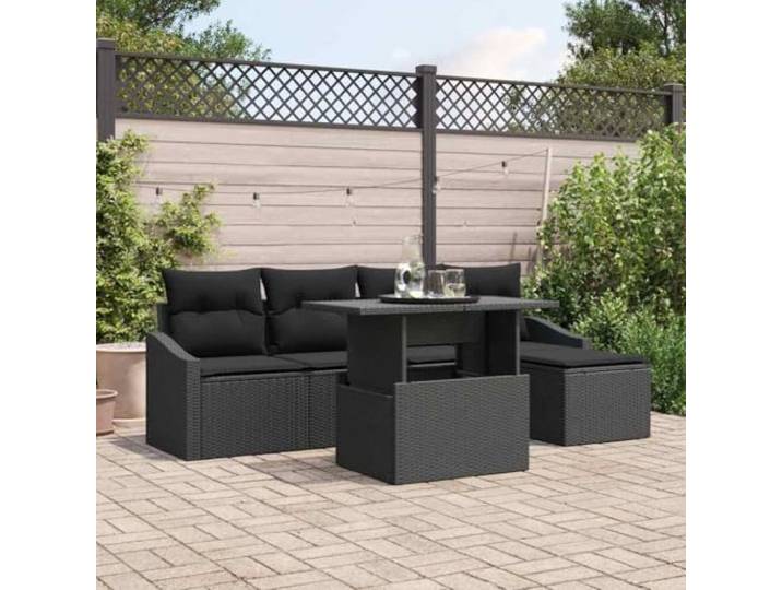 YUOTYRKTEJRSG Poly Rattan Modern Relaxliege 6 pcs Schwarz Garten-Sofa-Set mit Kissen 6 pcs Schwarz Poly-Rattan, wetterfest, modular, höhenverstellbarer Tisch, Stauraum, für Garten