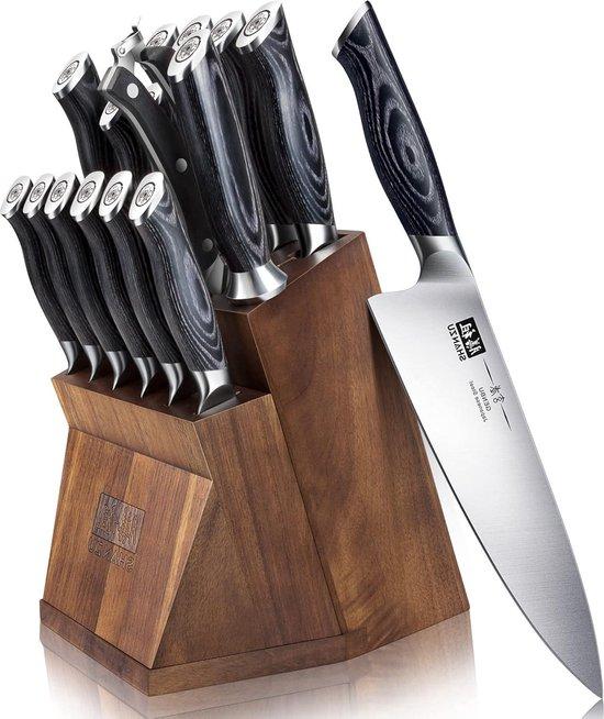 Küchenmesserset - Messer japanischer Artset - Professionelle Qualität - 16-teilig - Hoher Kohlenstoffgehalt - Deutscher Edelstahl