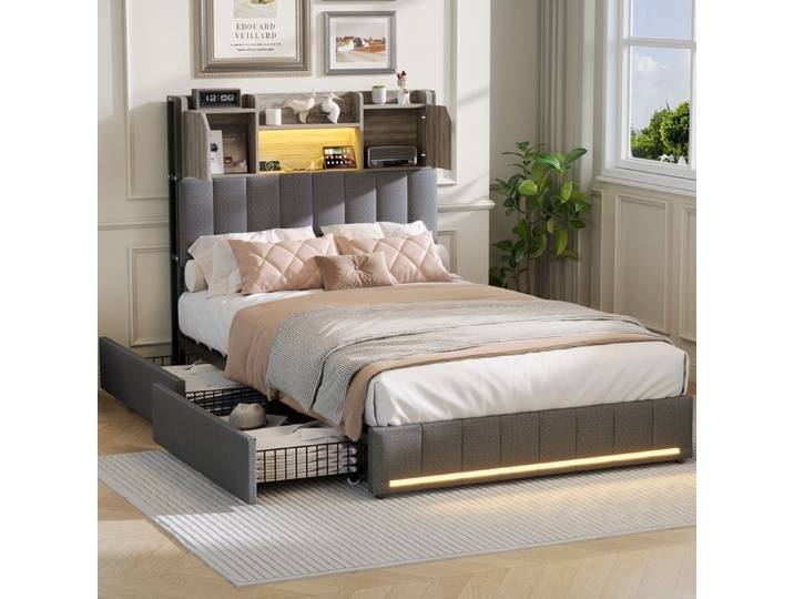 Lit 90x200 cm - RAVAS - Tête de lit LED - 2 tiroirs - Tissu lin - Design contemporain
