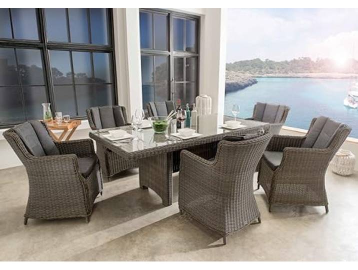 Destiny Sitzgruppe Luna 6 Sessel + Tisch 200x100cm, Polyrattan Vintage grau