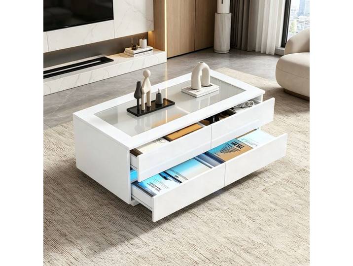 Table basse blanche moderne 100x50x40cm table basse à 4 tiroirs éclairage LED plateau en verre trempé et façades brillantes