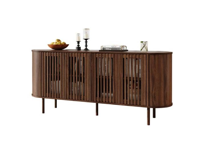 Maisentiel Buffet bas 160 x 40 x 70 cm en MDF couleur noyer 4 portes coulissantes perforées pieds métal