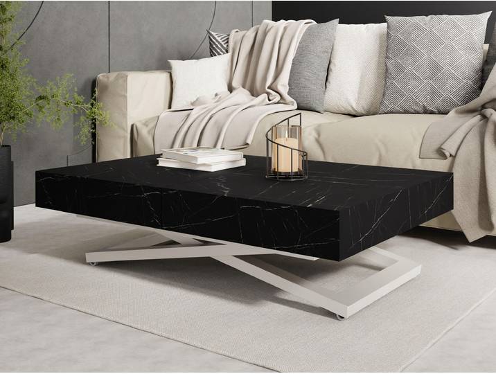 Couchtisch Höhenverstellbar Cavetta U - Esstisch 120-200x80x27-76 cm Schwarzer Marmor mit Kaschmir Beige Gestell