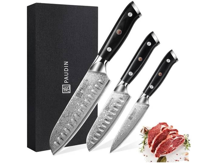 Küchenmesser-Set 3-teilig Damaststahl Vg10 Kern G10 Griff, Silberfarben, Metall, Kochgeschirr, Küchenmesser, Messersets
