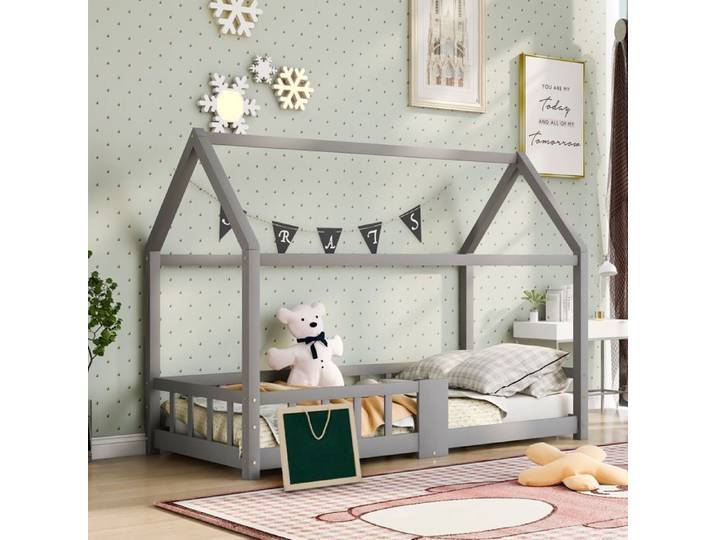 Lit cabane enfant 90x200 cm -LEMLIT - Sommier à lattes inclus - Style Enfant Gris pin massif avec sommier et barrières