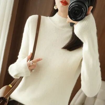 GlowBake Autumn Winter Women Sweater, Fashion Warm Bottoming Shirts, Half High Collar Knitwear Solid Long Sleeve Pullovers white xxl