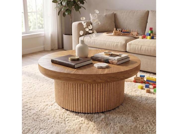 Table Basse Ronde Moderne de 78 cm Table Centrale Table de Salon Bois Design Cannelé Table d'appoint pour Bureau Bois Naturel