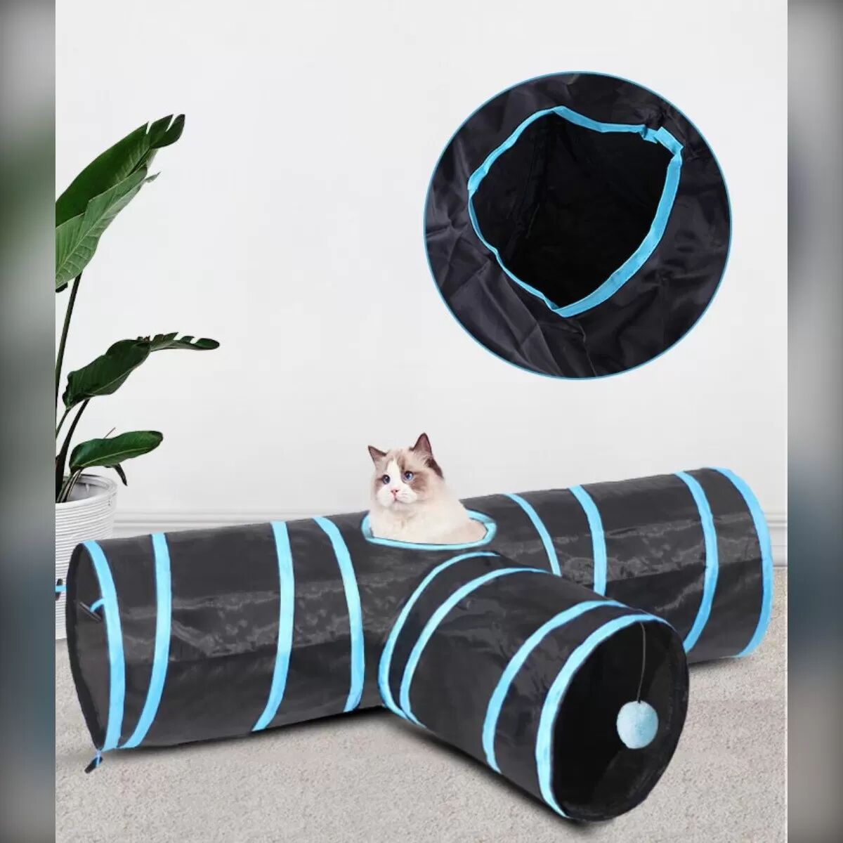 INF Faltbarer Katzentunnel: Interaktiver Spielspaß & Bewegung für Ihre Katze Blau+Schwarz