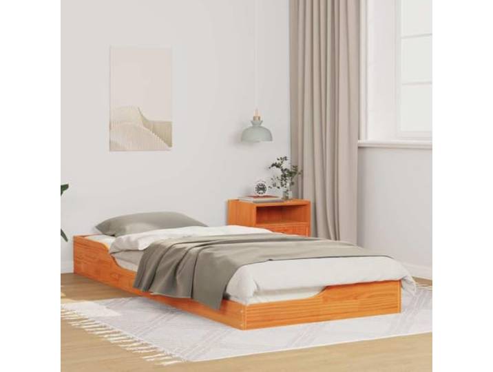 Massives Kiefernholz Plattformbettrahmen Modernes Niedriges Design 80 x 220 Bettrahmen Wachsbraun 80x220 cm Massives Kiefernholz Einzelbett mit Nachttisch Schublade Stabil Niedriges Design
