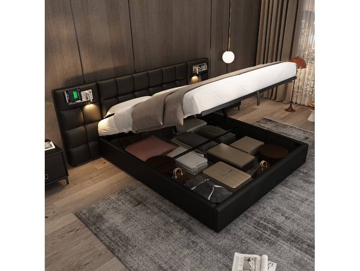 Lit Adulte Rangement Hydraulique 180x200 Pu Noir Led Havrya