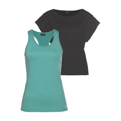 Trainingsshirt H.I.S "2-tlg. Shirt & Top", Damen, Gr. 34, bunt (türkis, sz), Obermaterial: 60% Baumwolle, 40% Polyester. Top: 95% Polyester, 5% Elasthan, bequem hüftlang, Rundhals, Shirts, Kurzarm, bequeme Passform, sportlich, atmungsaktives Material