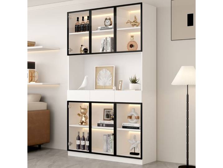 Vitrine en verre avec éclairage LED - MODERNLUXE - 120x36x200 cm - 6 portes vitrées - 3 tiroirs - Blanc