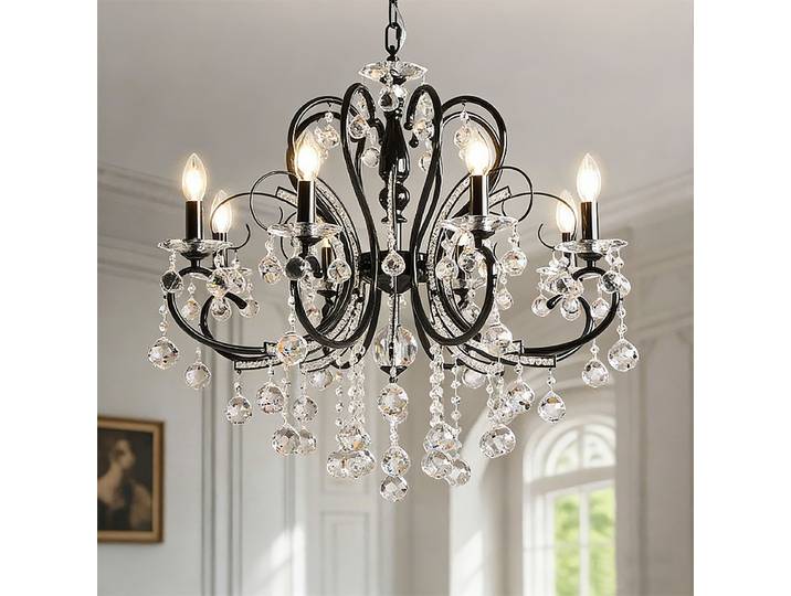 Américain noir fer E14 bougie Led lustre de luxe salon cristal suspension Foyer suspendre lampe éclairage intérieur