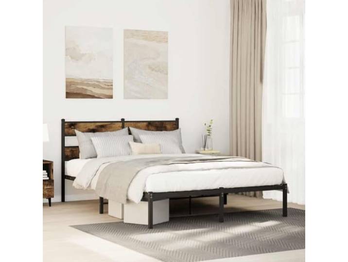 RJPLMFV Bettgestell aus Metall, Raucheiche, 150 x 200 cm Ohne Matratze, Kopfteil, Aufbewahrung unter dem Bett, Lattenrost inklusive