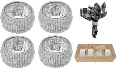 IH Casa Decor 4PC Beaded Napkin Ring With Craft Box White