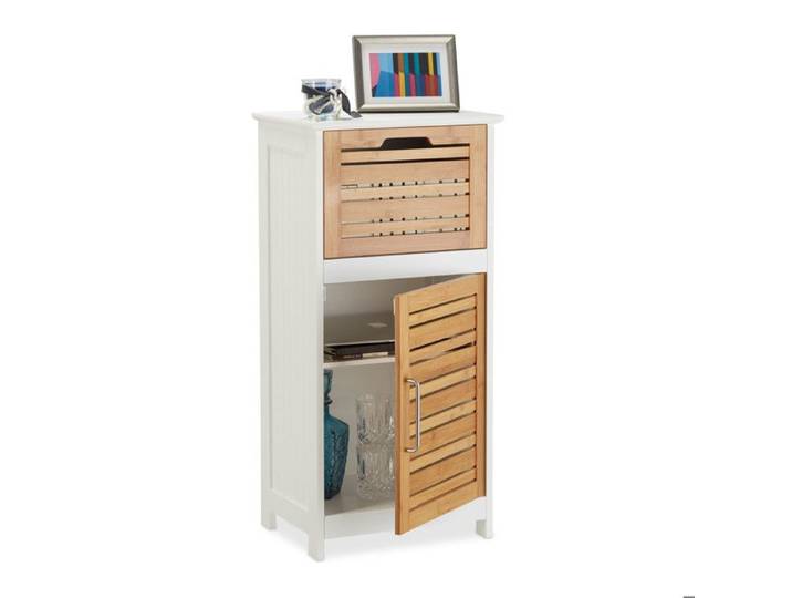 Relaxdays Armoire de salle de bain commode salle de bain bambou meuble rangement tiroir HxlxP: 83 x 40 x 30 cm blanc