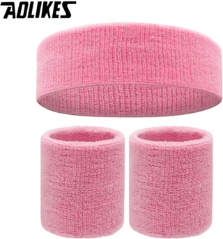 Inspire Picks AOLIKES Sports Sweatband Set Terry Cloth Headband & Wristbands Moisture Wicking Sweat Absorbing Gear For Gym, Running pink