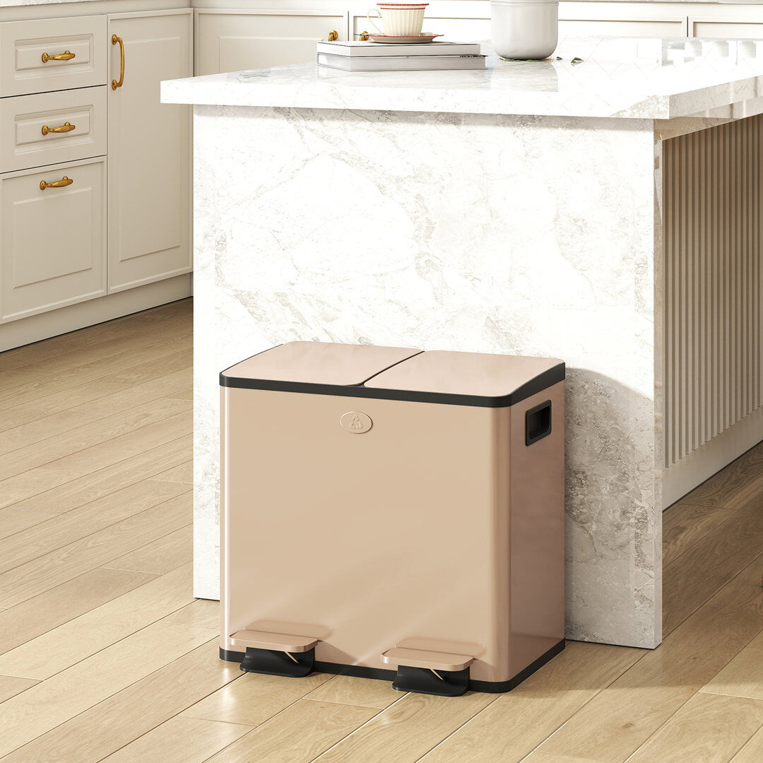 HOMCOM 2 x 15L Dual Kitchen Bin Pedal Bin for Recycling and Waste Gold Tone 30 L