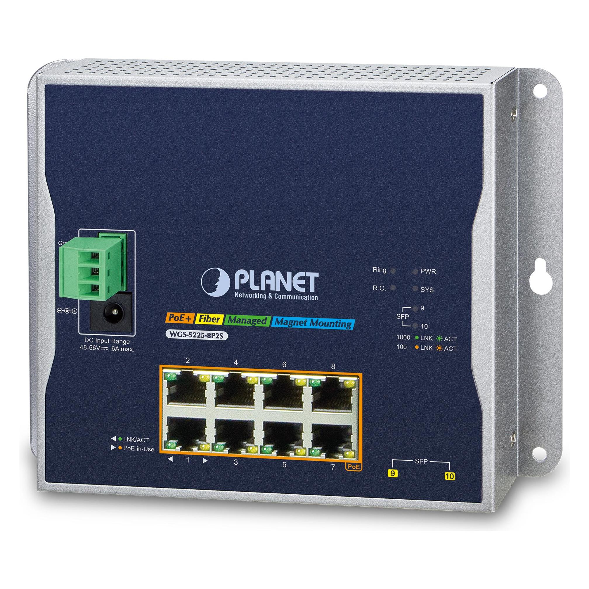 Planet PLANETIndustrial 8-Port Gigabit PoE Wall-mount Switch & 2-Port SFP Uplink managed -40/+75C degrees (8 Ports) (WGS-4215-8P2S)