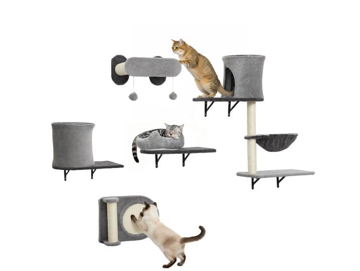 Étagères murales pour chat arbre à chat mural 5 pièces 2 niches hamac plateformes griffoirs en sisal gris