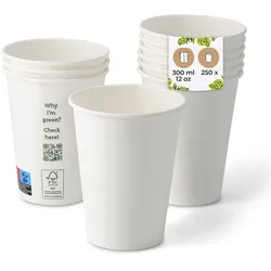 BIOZOYG 250 Stück kompostierbare Einwegbecher 300ml / 12oz Pappbecher, Trinkbecher, Wegwerfbecher, Getränkebecher, einwandig, weiß, kompostierbar