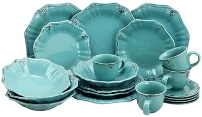 Elama Fleur De Lys 20 Piece Dinnerware Set in Turquoise