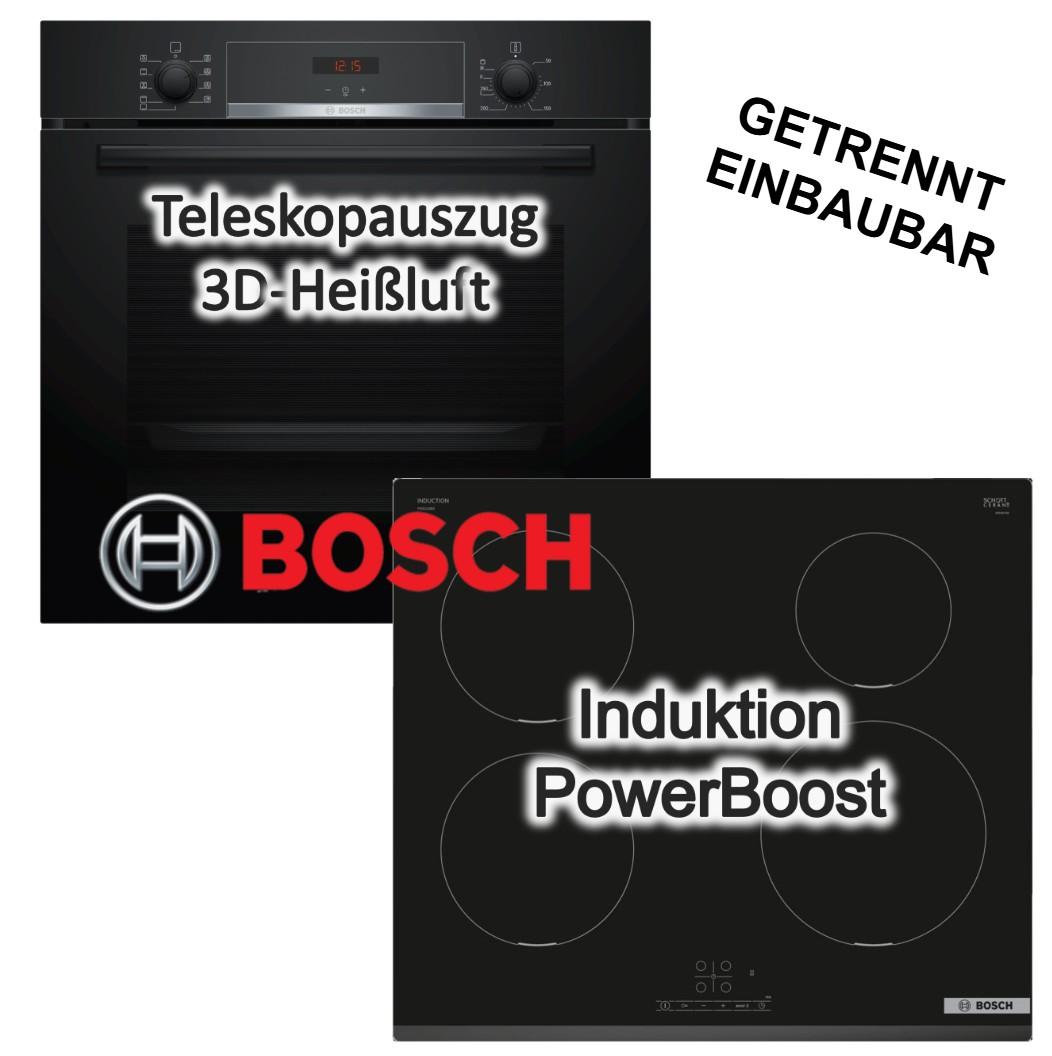 Herdset BOSCH Einbau-Backofen Hydrolyse Pizzafunktion Teleskopauszug + Induktionskochfeld PowerBoost Touch
