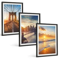 BILDER SET 3er Set - 40x60 cm Schwarzer Rahmen - Brücken, Sonnenuntergänge, Stadt