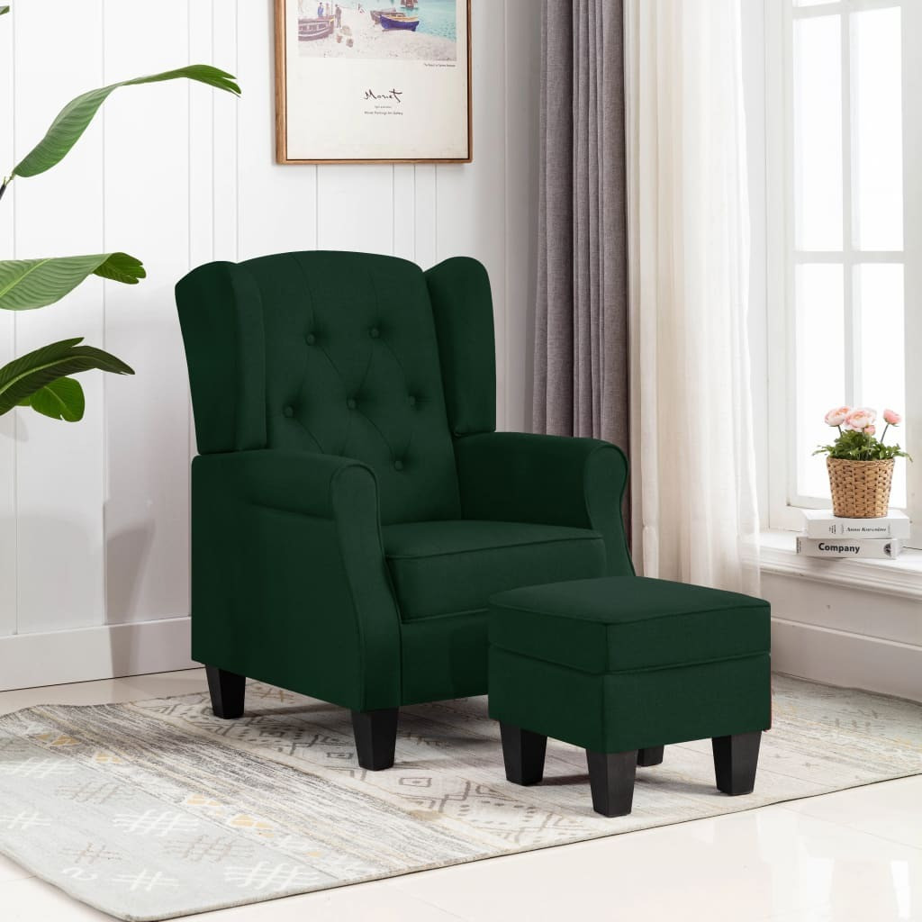 De Living Store fauteuil met voetenbankje, donkergroen, gestoffeerd