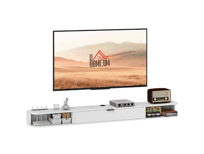 Meuble TV suspendu - HOMCOM - pour jusqu'à 75 pouces tiroir rabattable 2 étagères ouvertes - bois - 180x24x16cm - blanc